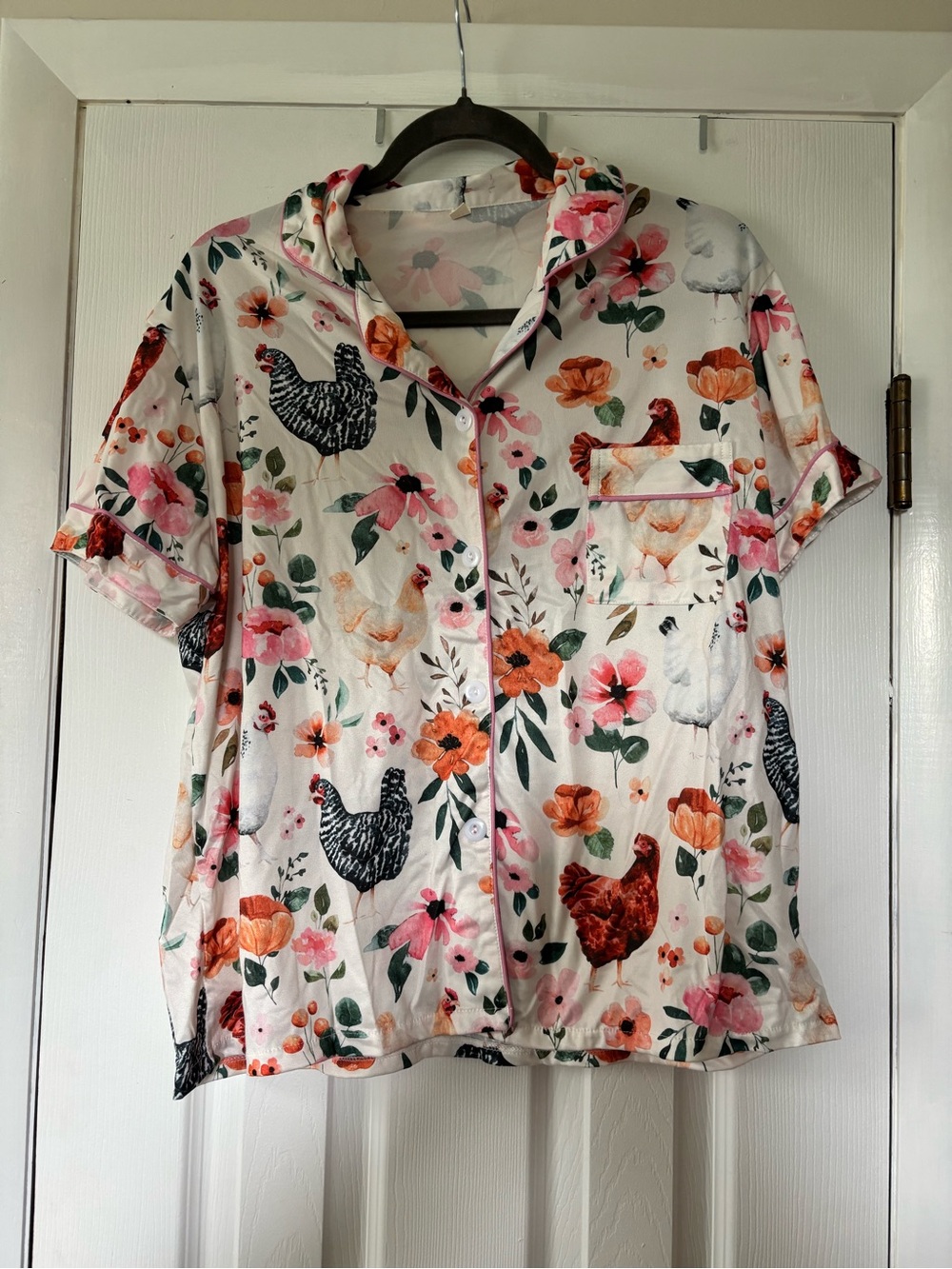 SHEIN White Floral & Chicken Print Short Sleeve Pajama Top